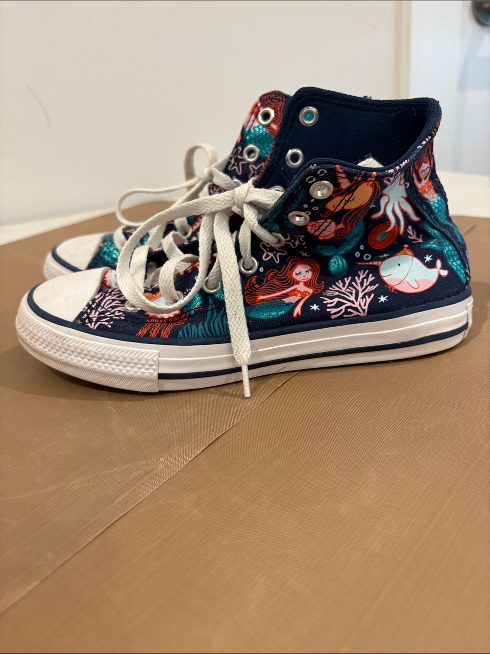 Converse Kids High-Top Sneakers - Navy with Teal & Coral Mermaid Print